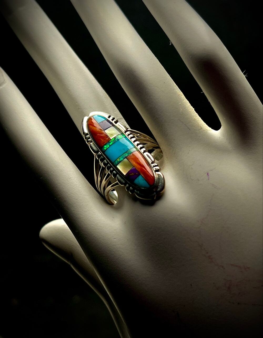 Vintage 925 Silver Multi Stone Inlay Statement Ring Size 9